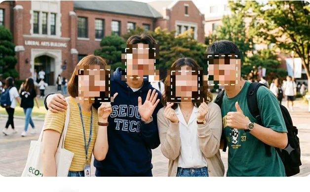 네 사람의 얼굴을 모두 가린 가림 검수 화면