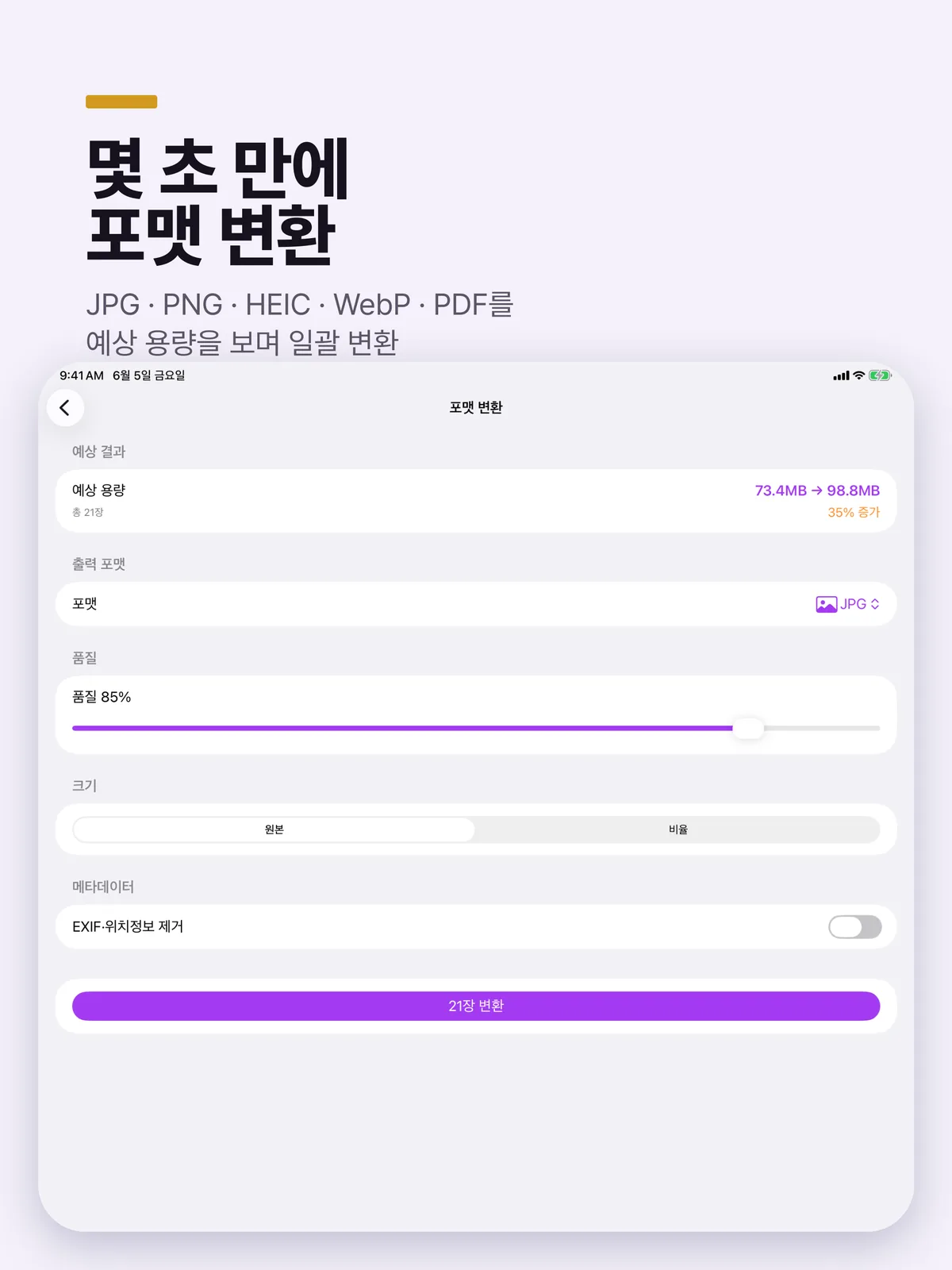 iPad용 App Store 이미지 「몇 초 만에 포맷 변환」. 포맷 변환 화면에 21장 전체의 예상 용량과 변환 버튼이 보입니다.