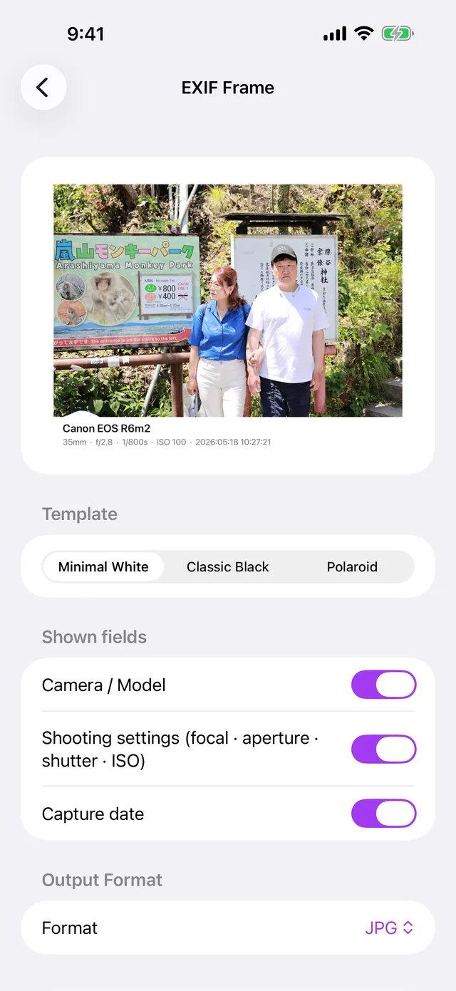 The EXIF frame screen on iPhone, showing a framed photo with its camera data underneath.