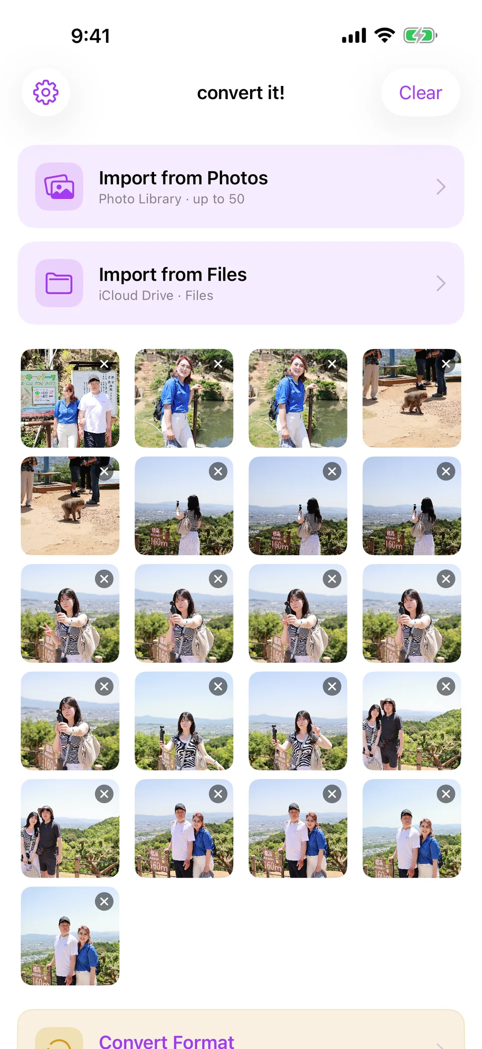 The convert it! home screen on iPhone, with the buttons for importing from Photos and from Files.