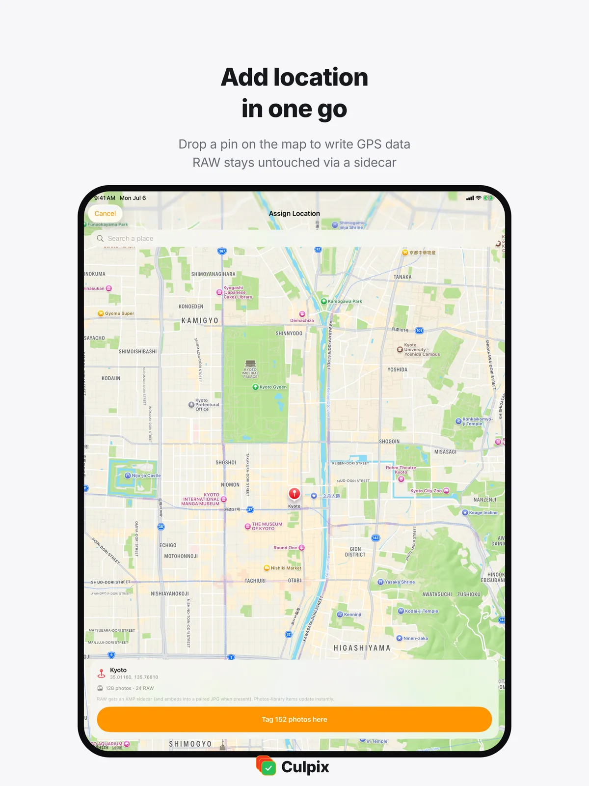 The geotag screen in Culpix, with a chosen point on the map and the photo below it.