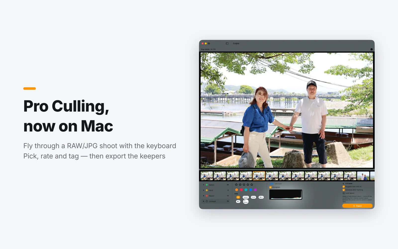 Pro Culling on an iPad, one RAW frame with a histogram and EXIF panel beside it.