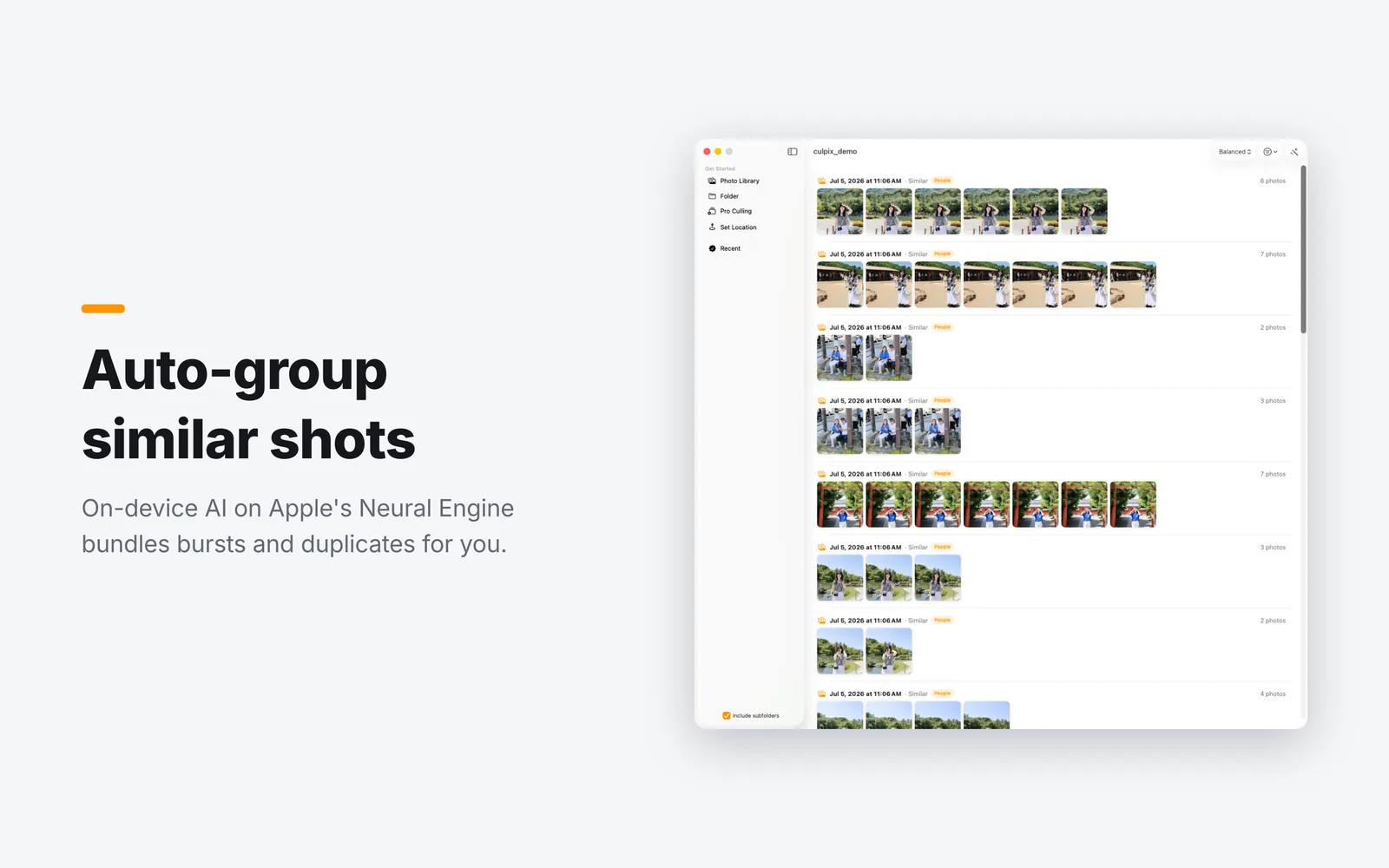 Culpix on a Mac, a grouped set of photos with the best frame highlighted.