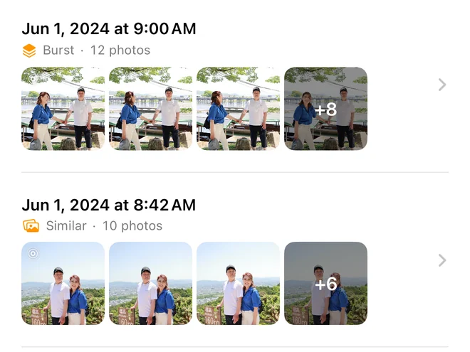 Bursts and look-alikes, grouped automatically.