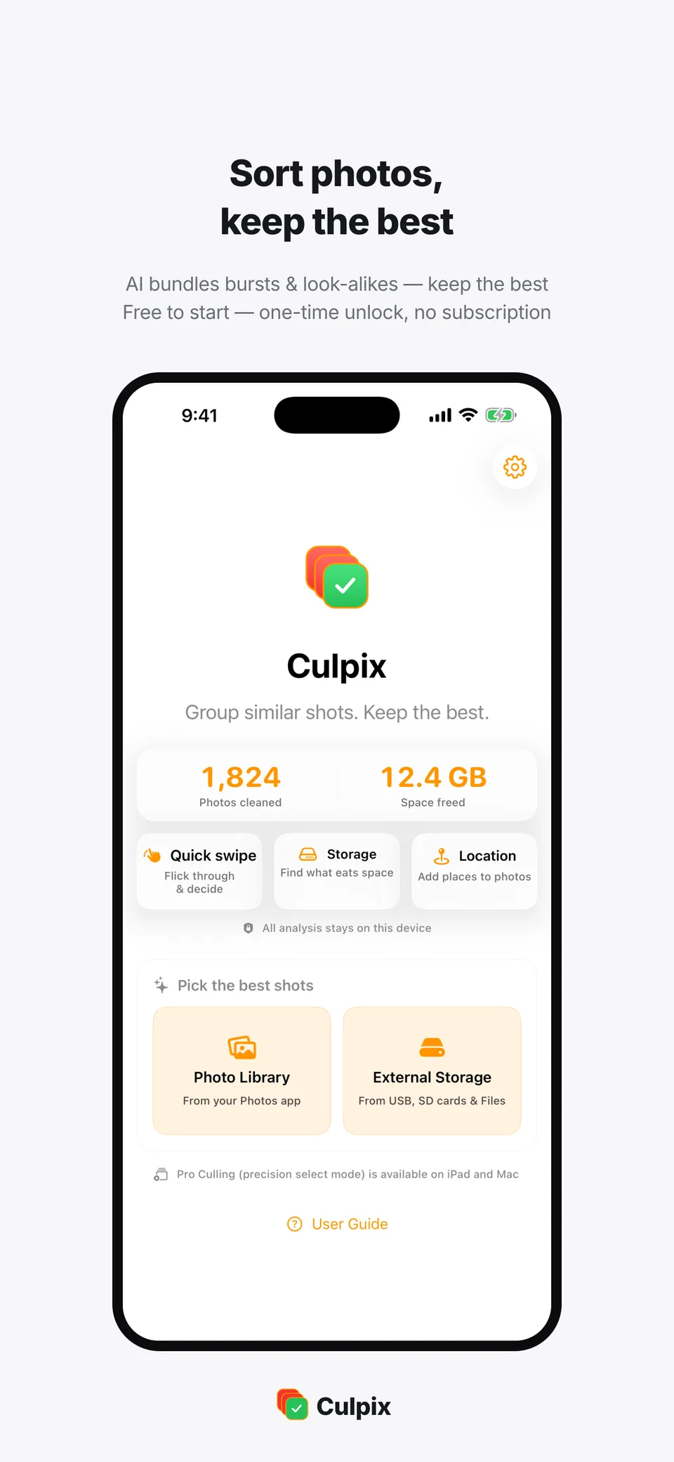 Culpix on an iPhone, showing a group of similar photos with the best frame marked.
