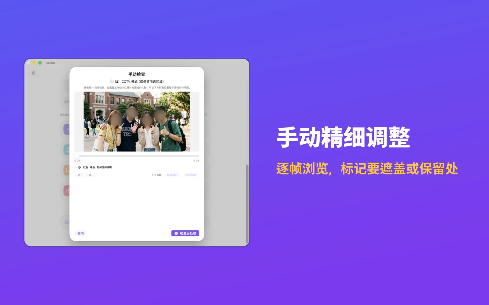 Mac 上的手动检查界面,显示帧缩略图和要遮挡的区域