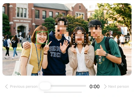 Actual Garim review screen. Person 1 is visible; the others stay covered.