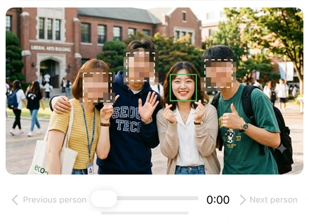 Actual Garim review screen. Person 4 is visible; the others stay covered.