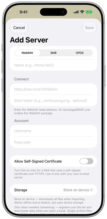 Adding a NAS over WebDAV, SMB or OPDS