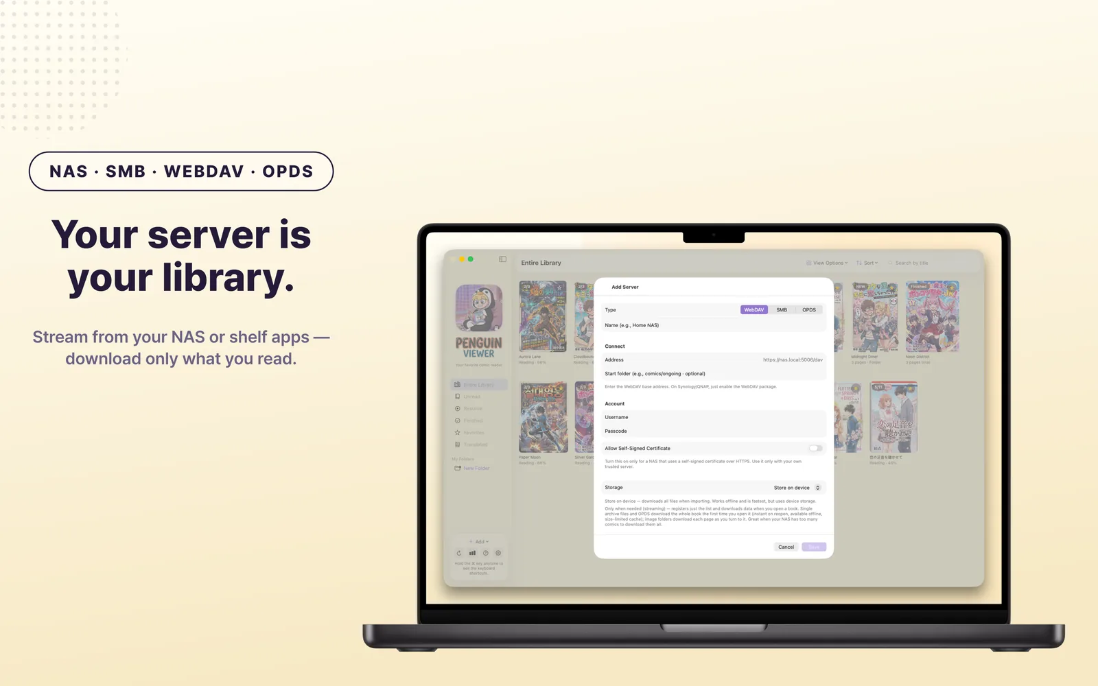 The app browsing a NAS folder full of comic archives over SMB.