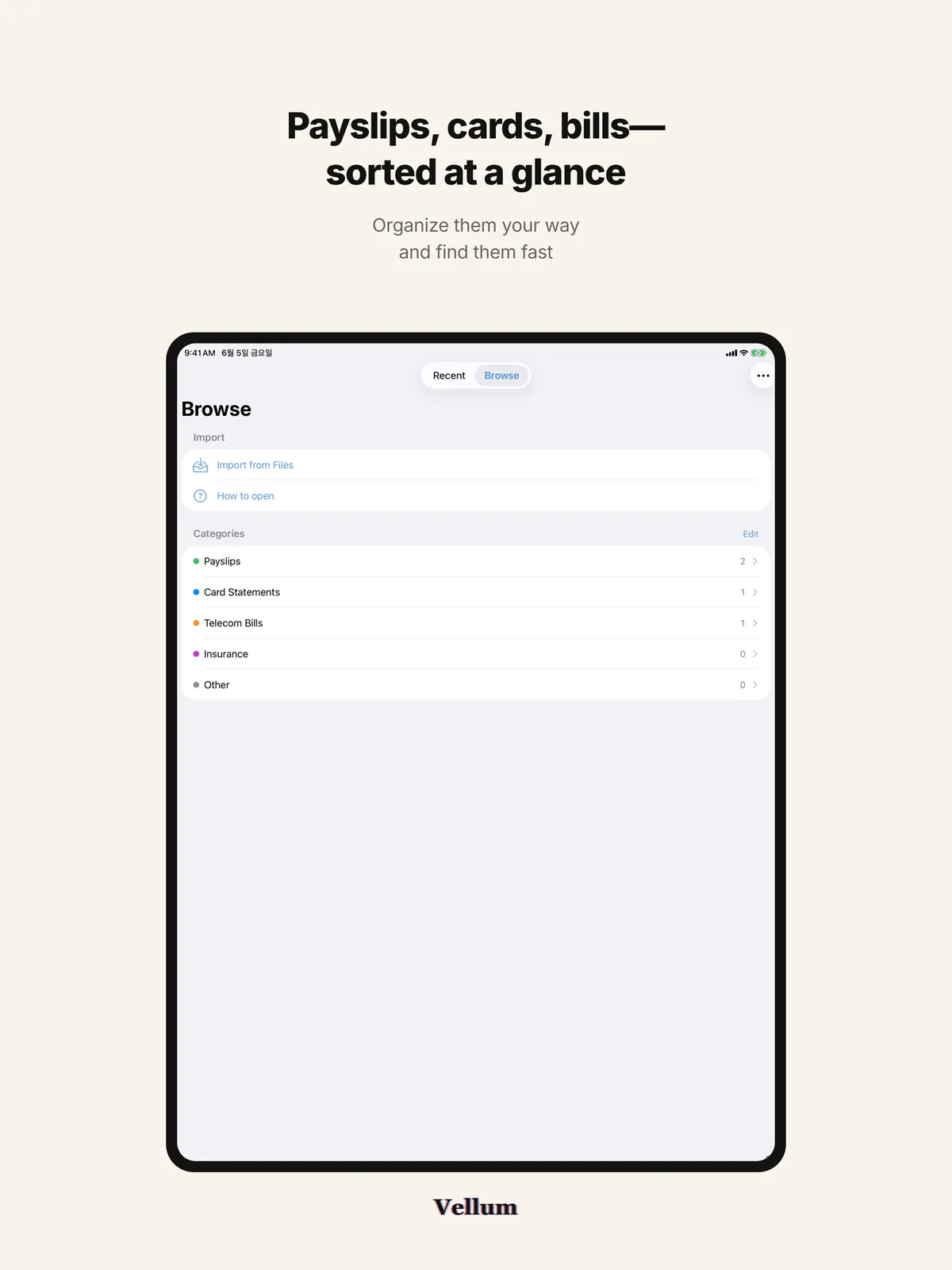 "Payslips, cards, bills—sorted at a glance" above the Browse tab on iPad, with Import from Files and categories for payslips, card statements and telecom bills.