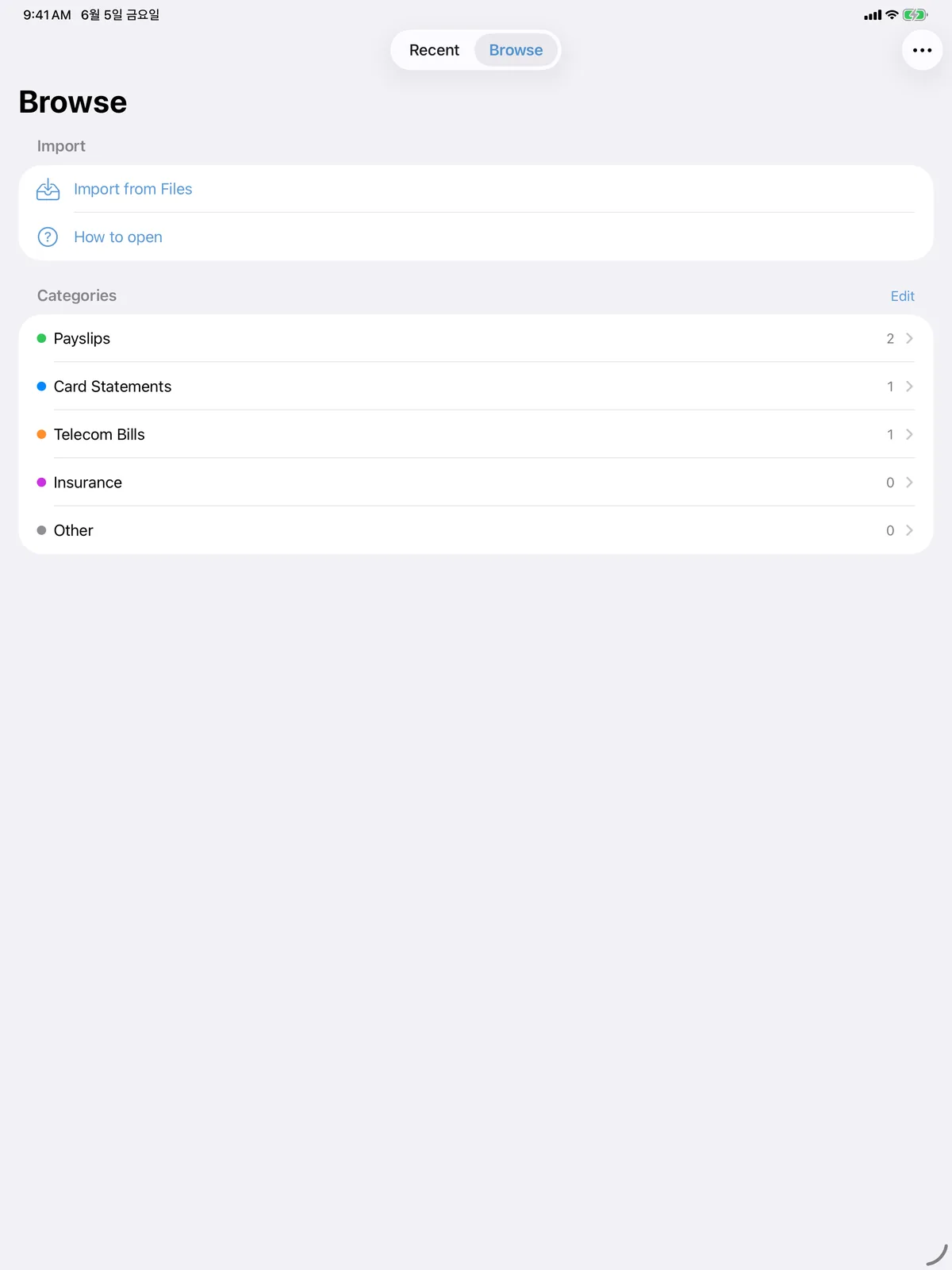 The Browse tab on iPad, listing categories next to Import from Files.