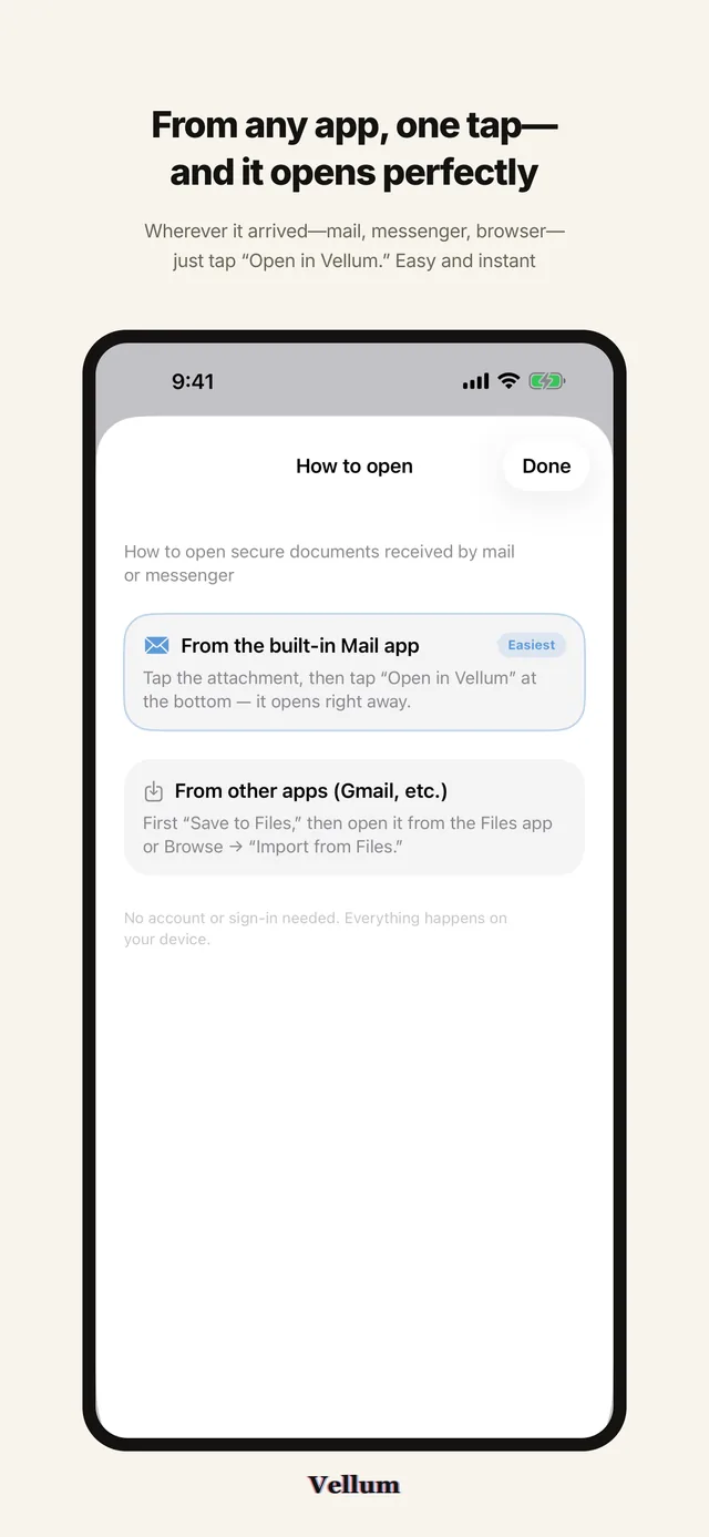 "From any app, one tap—and it opens perfectly" above the How to open guide on iPhone, covering attachments from the built-in Mail app and from other apps such as Gmail.