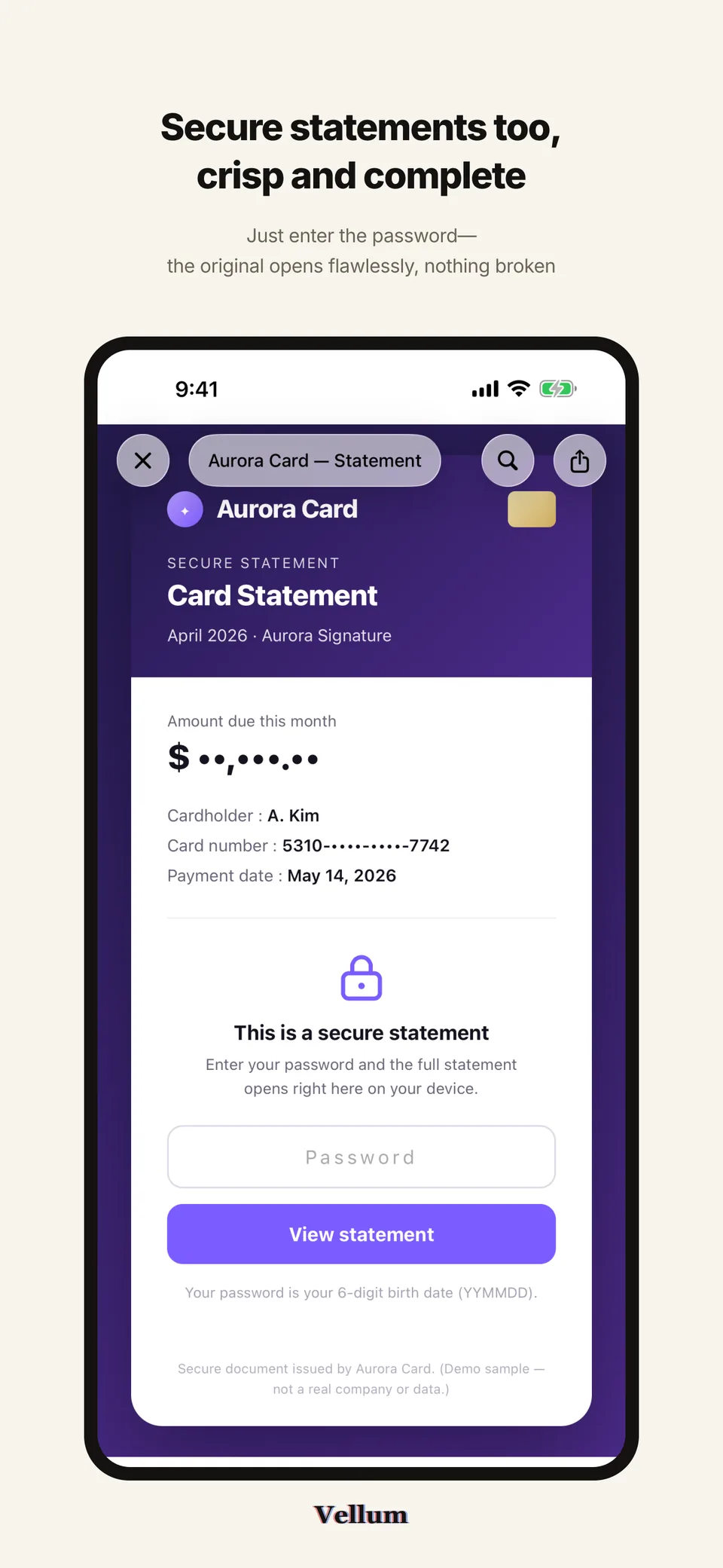 "Secure statements too, crisp and complete" above an iPhone showing an Aurora Card secure statement open at its password field.