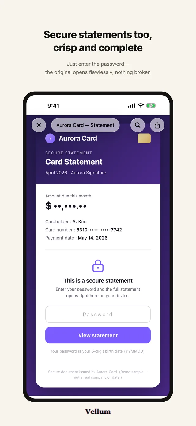 "Secure statements too, crisp and complete" above an iPhone showing the card issuer's own statement layout, with the password field inside the document.