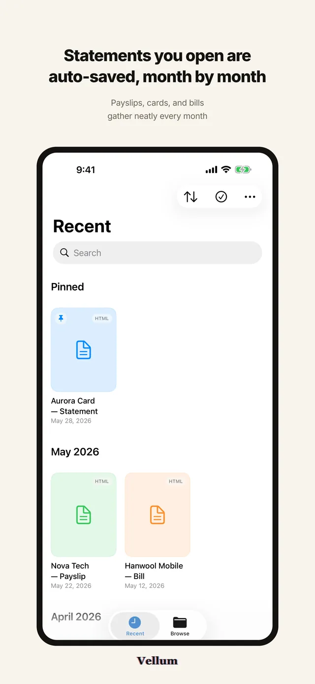 "Statements you open are auto-saved, month by month" above the Recent list on iPhone, with a pinned statement at the top and the rest grouped under May and April 2026.