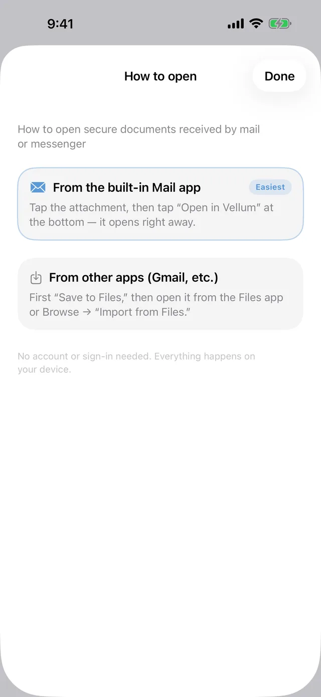 The How to open guide in Vellum, showing step by step how to open an attachment from Mail.