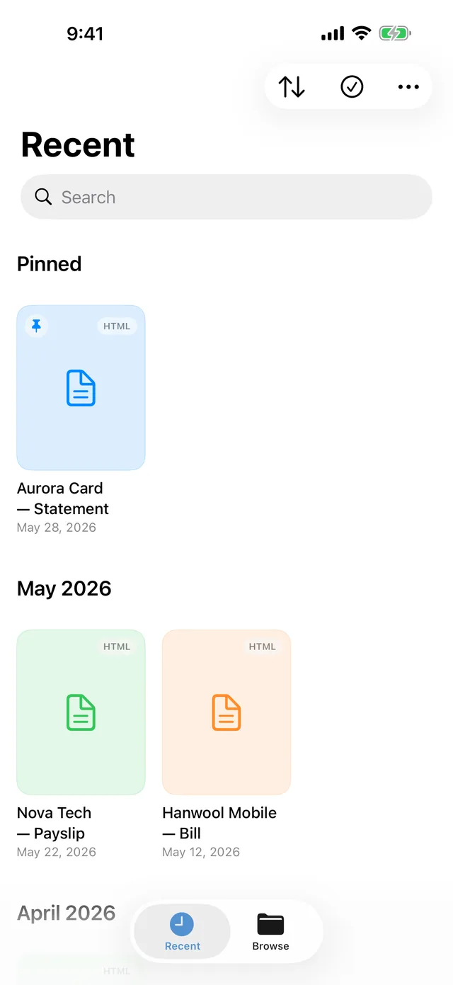 The Vellum library on iPhone, with pinned documents at the top and the rest grouped by month.