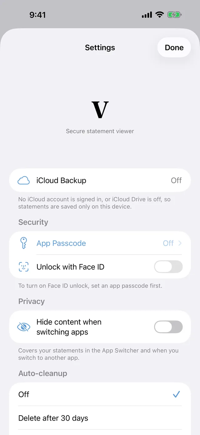 The Vellum settings screen on iPhone, with iCloud Backup, App Passcode, Face ID and auto-cleanup rows.